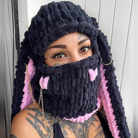 Women\'s Black Pink Bunny Hat Knit Plush Long Ears Fluffy Cosplay Party Hat main image 4